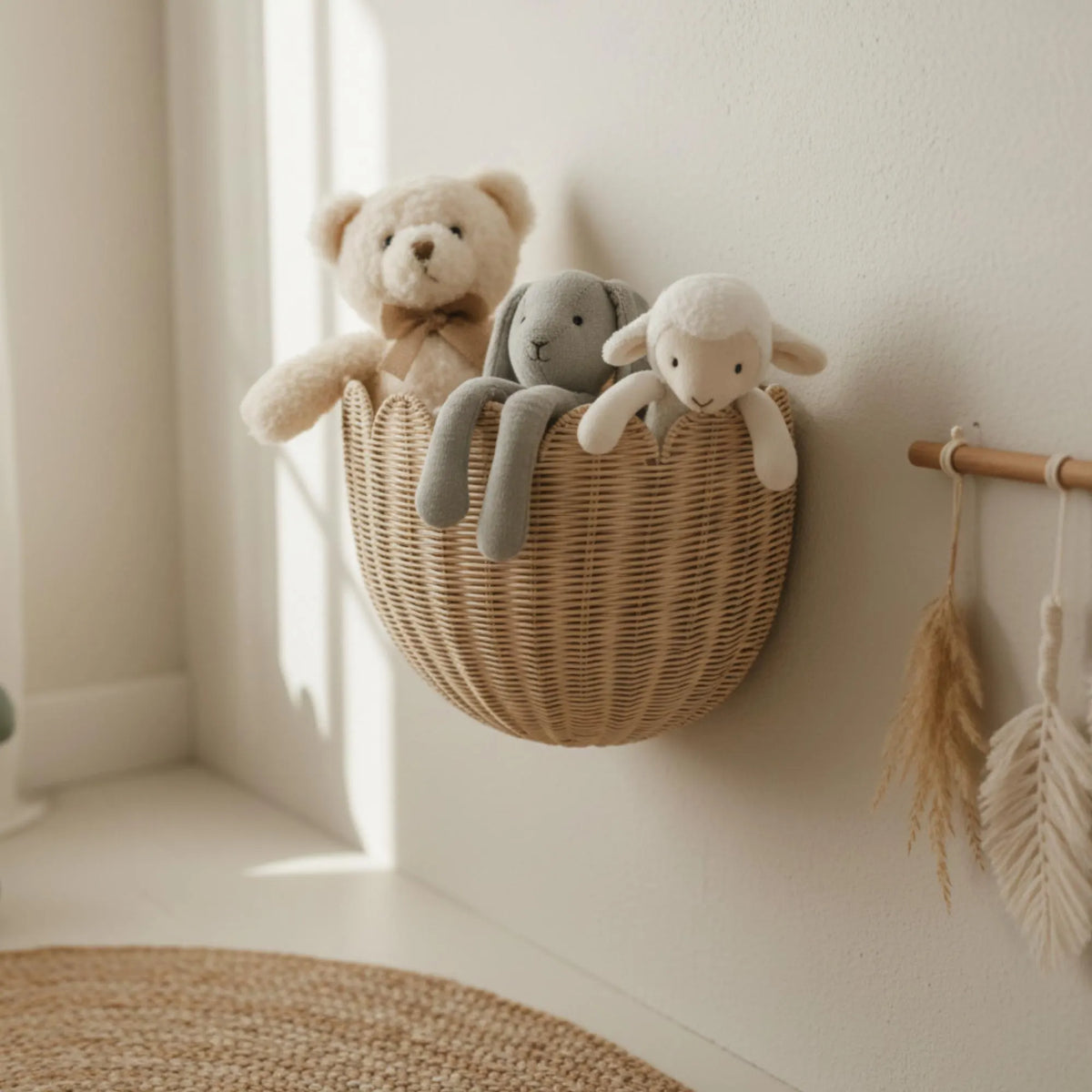 Handwoven Scalloped Rattan Wall Basket – Boho Wicker Wall Hanging Storage Basket for Nursery & Home Decor