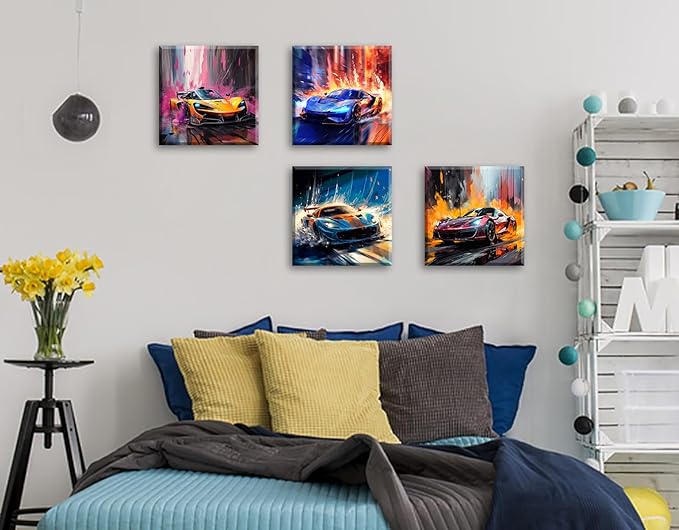 Supercar Racing Canvas Wall Art – Modern Car Poster for Man Cave, Office & Teen Boys Room Decor